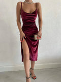 Women's Midi Bodycon Dress - Satin Look - Square Neckline - Spaghetti Straps - High Slit