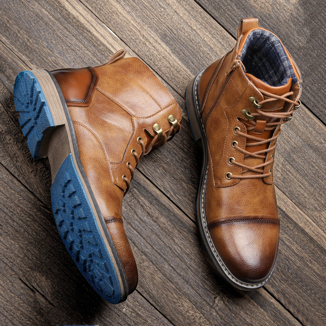 Leather Lace-Up Cap Toe Ankle Boots