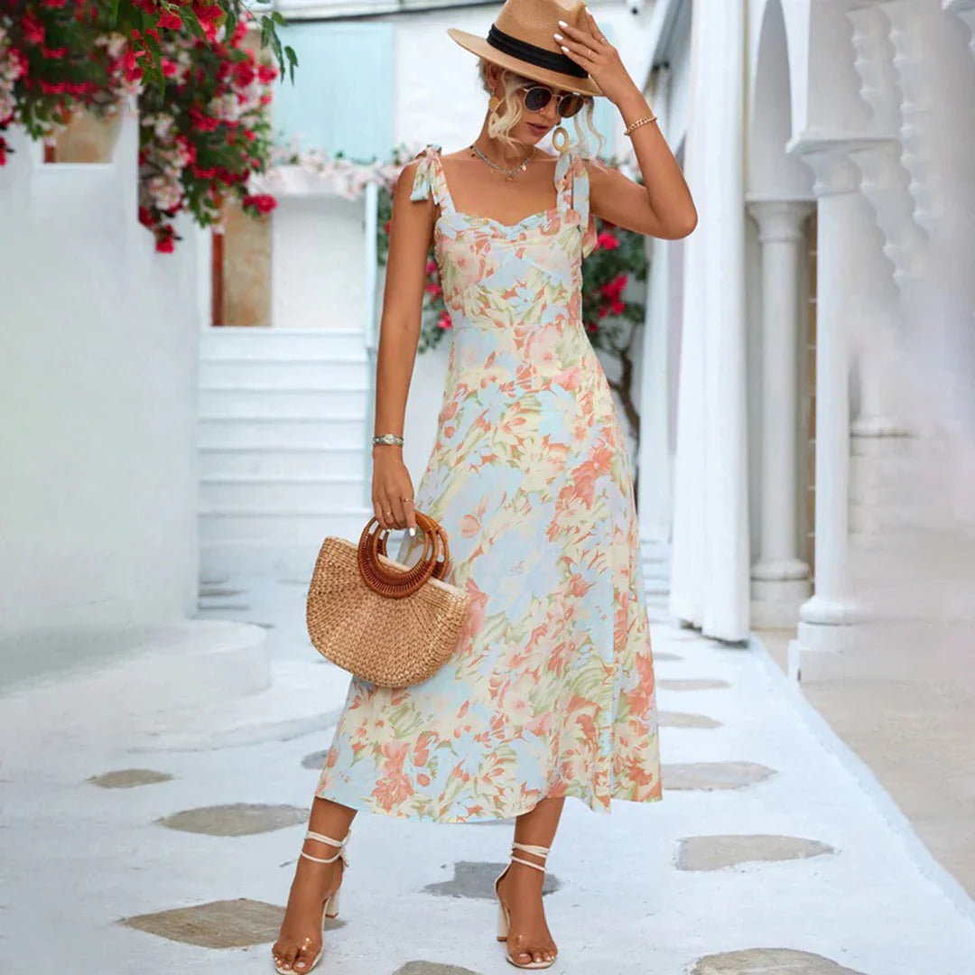 Women's Midi Dress - Floral - Sweetheart Neckline - Tie Straps - Light and Breathable