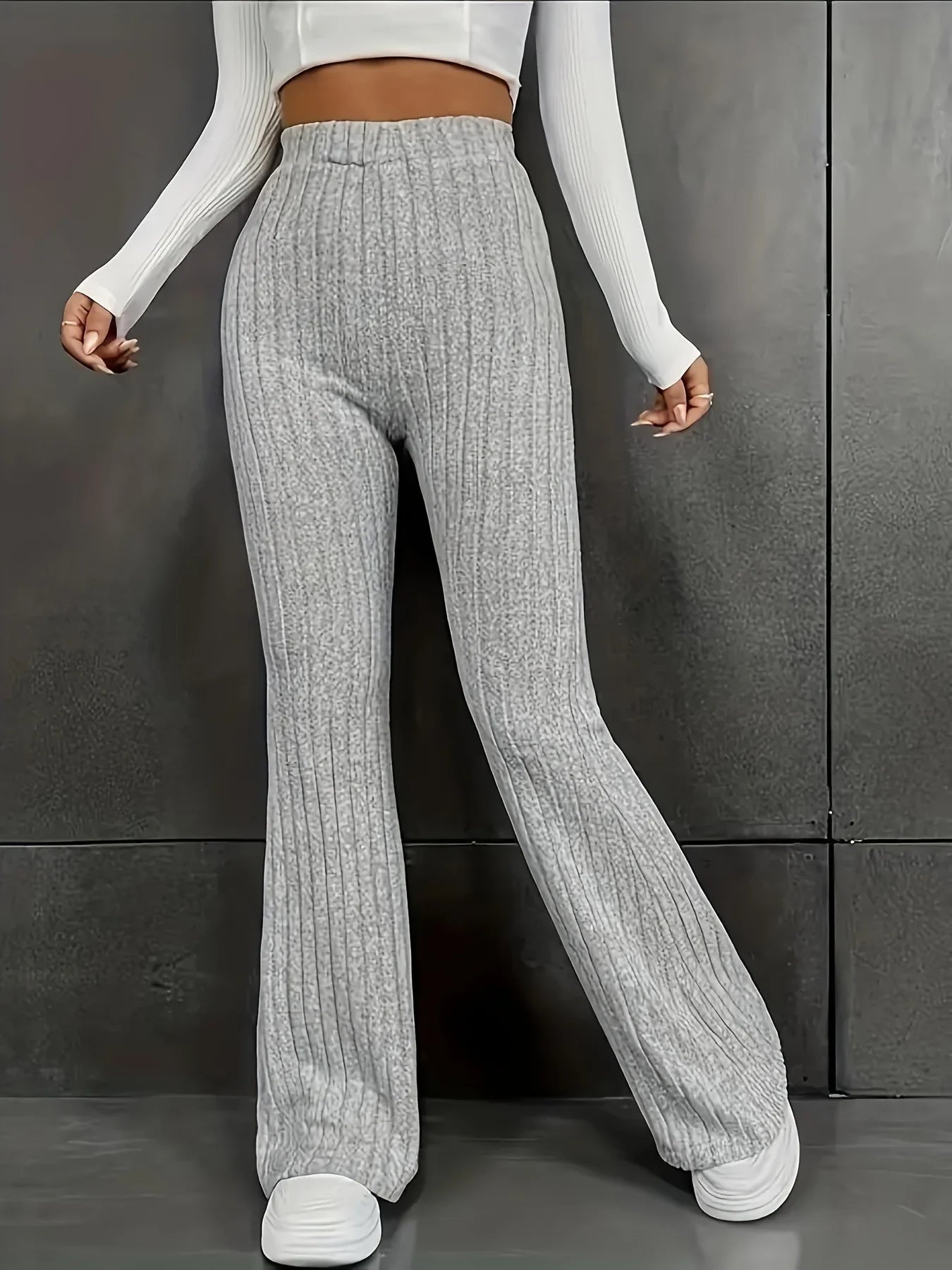 High Waist Ribbed Knit Flared Trousers