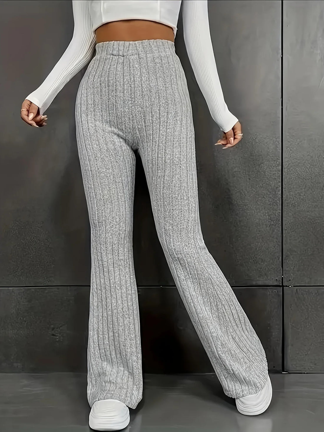 High Waist Ribbed Knit Flared Trousers