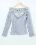 Women's Knit Sweater - Ribbed Knit - V-Neck with Lace and Pearl Details - Slim Fit
