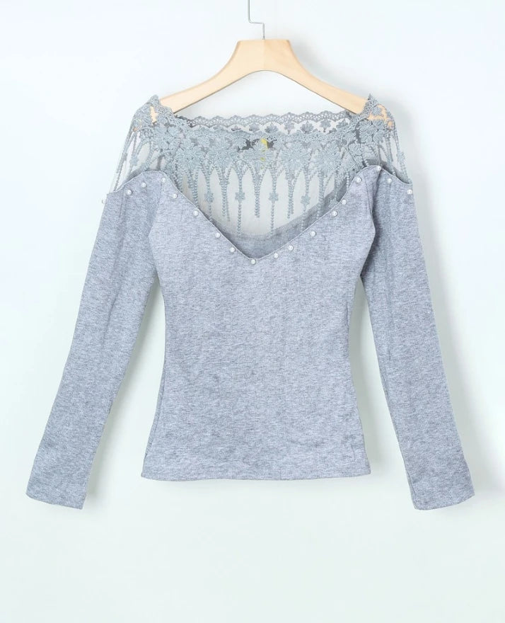 Women's Knit Sweater - Ribbed Knit - V-Neck with Lace and Pearl Details - Slim Fit