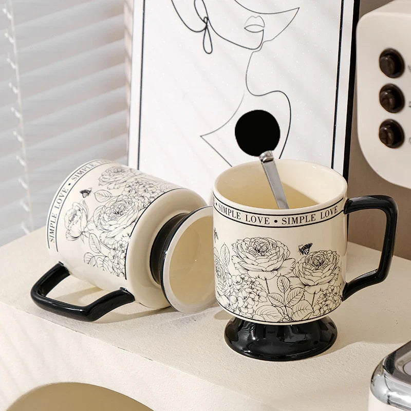 Glazed Ceramic Line-Art Floral Footed Mug