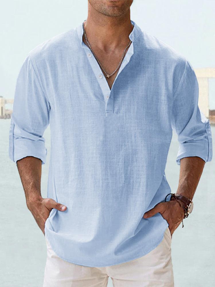 Men's Shirt - Relaxed Fit - Long-Sleeved - Sustainable Lightweight Fabric - Grandad Collar
