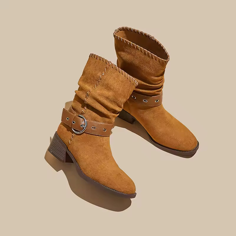 Faux Suede Slouchy Mid-Calf Block Heel Boots