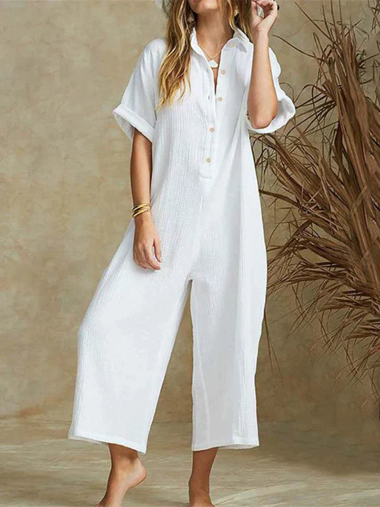 Relaxed Cotton Blend Cropped Wide Leg Jumpsuit