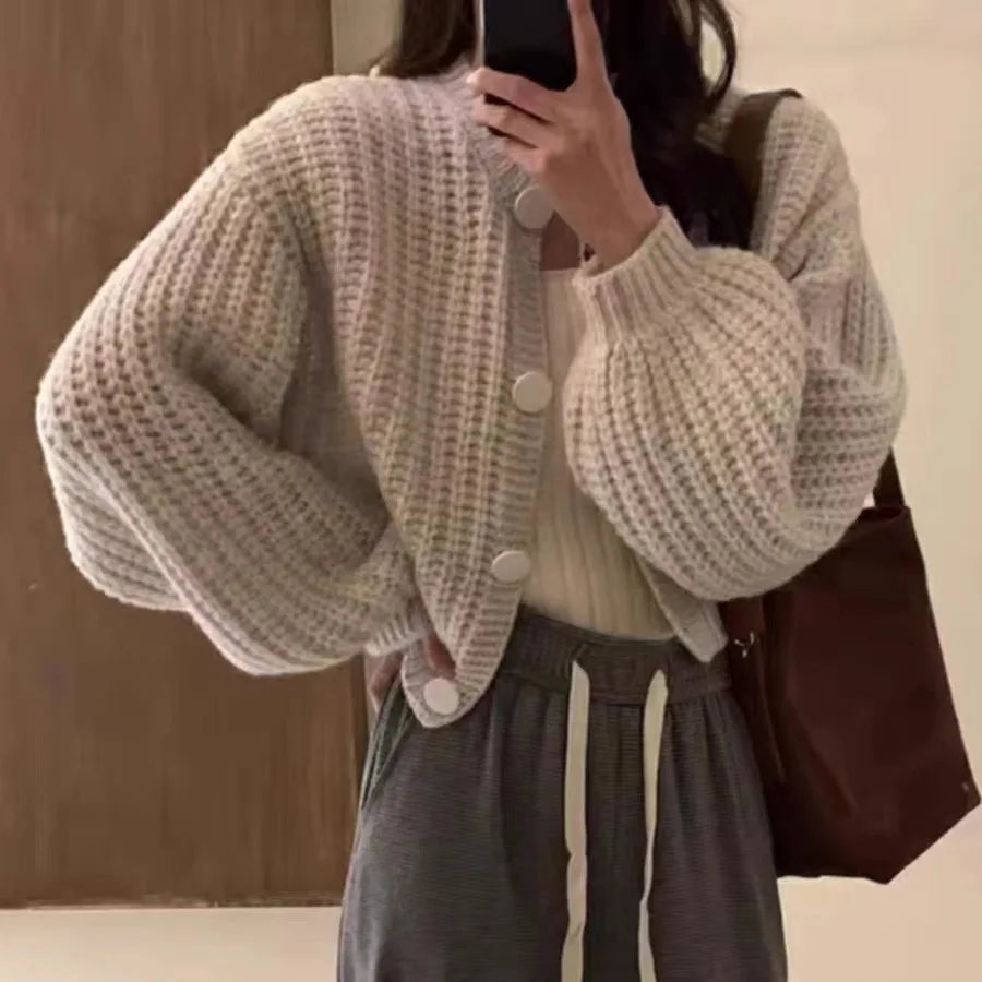 Cropped Balloon Sleeve Wool Knit Cardigan