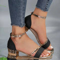 Women's Sandals - Open Toe - Block Heel with Metallic Details - Adjustable Ankle Strap