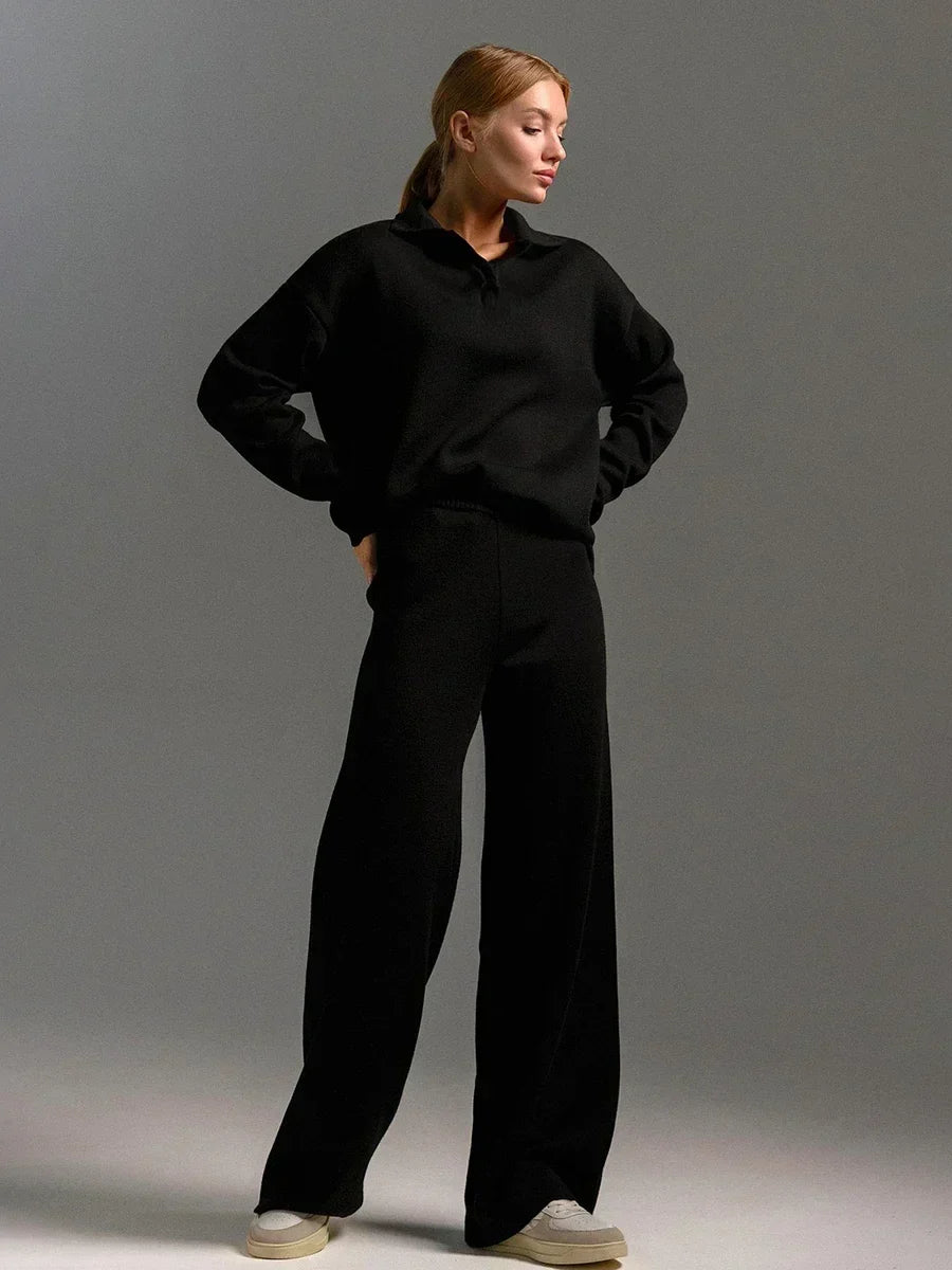 Relaxed Polo Neck Wide-Leg Knit Set