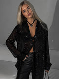 Women's Shirt - Sequin Design - Long-Sleeved Loose Fit - Buttoned Front Party Look