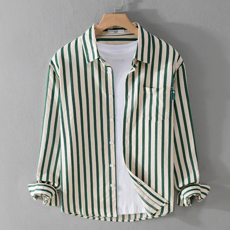 Men's Shirt - Classic Striped Design - Long Sleeves - Button Closure - Chest Pocket
