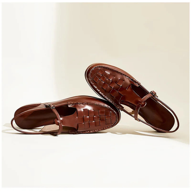 Woven Leather T-Strap Adjustable Sandals