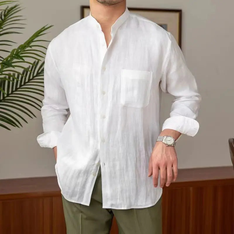 Linen Relaxed Fit Mandarin Collar Shirt