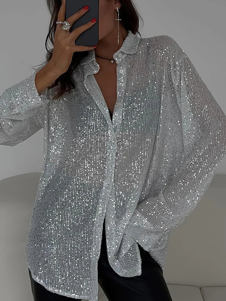 Sequin Design Long-Sleeved Loose Fit Shirt