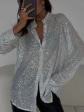 Women's Shirt - Sequin Design - Long-Sleeved Loose Fit - Buttoned Front Party Look