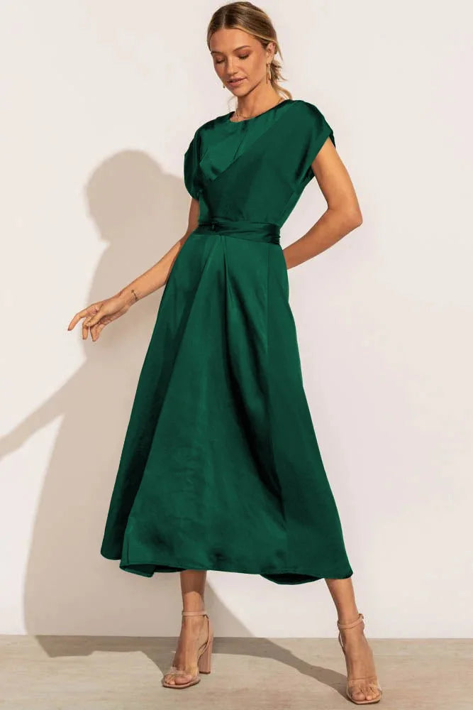Satin Look V-Neck Wrap Midi Dress