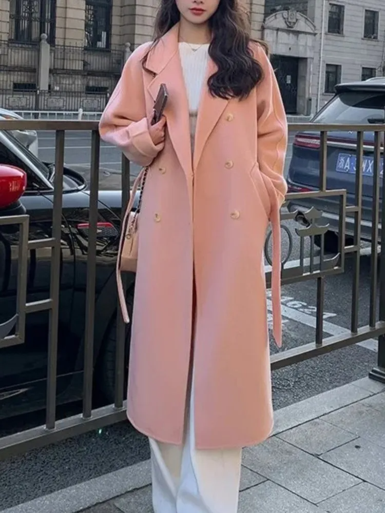 Belted Double Breasted Wool Blend Overcoat
