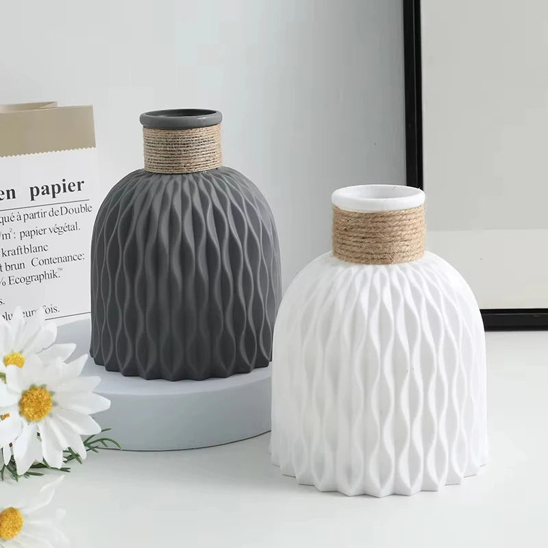 Jute-Wrapped Ribbed Ceramic Vase