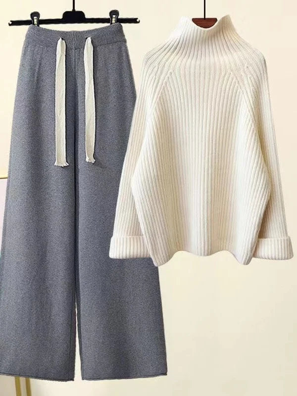 Ribbed Oversized Turtleneck Wide Leg Two-Piece Set