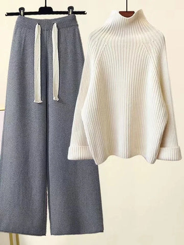 Ribbed Oversized Turtleneck Wide Leg Two-Piece Set