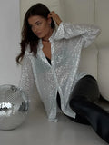 Women's Shirt - Sequin Design - Long-Sleeved Loose Fit - Buttoned Front Party Look