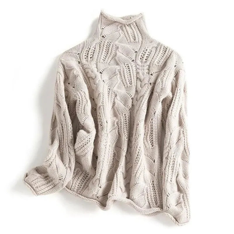 Cashmere Relaxed Fit Cable Knit Turtleneck Sweater