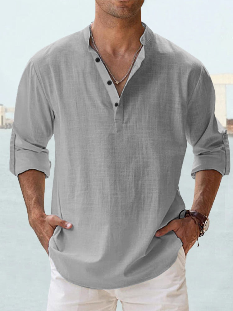 Men's Shirt - Relaxed Fit - Long-Sleeved - Sustainable Lightweight Fabric - Grandad Collar