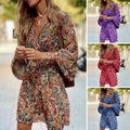 Women's Dress - Bohemian Style - Paisley Pattern - V-Neck - Loose Ruffle Sleeves - Short and Airy