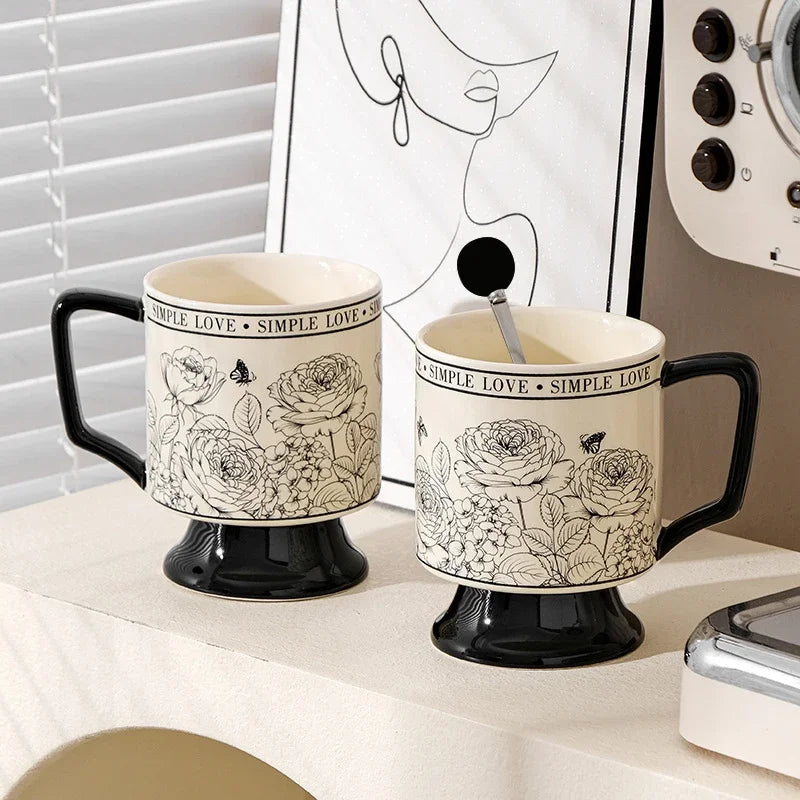 Glazed Ceramic Line-Art Floral Footed Mug