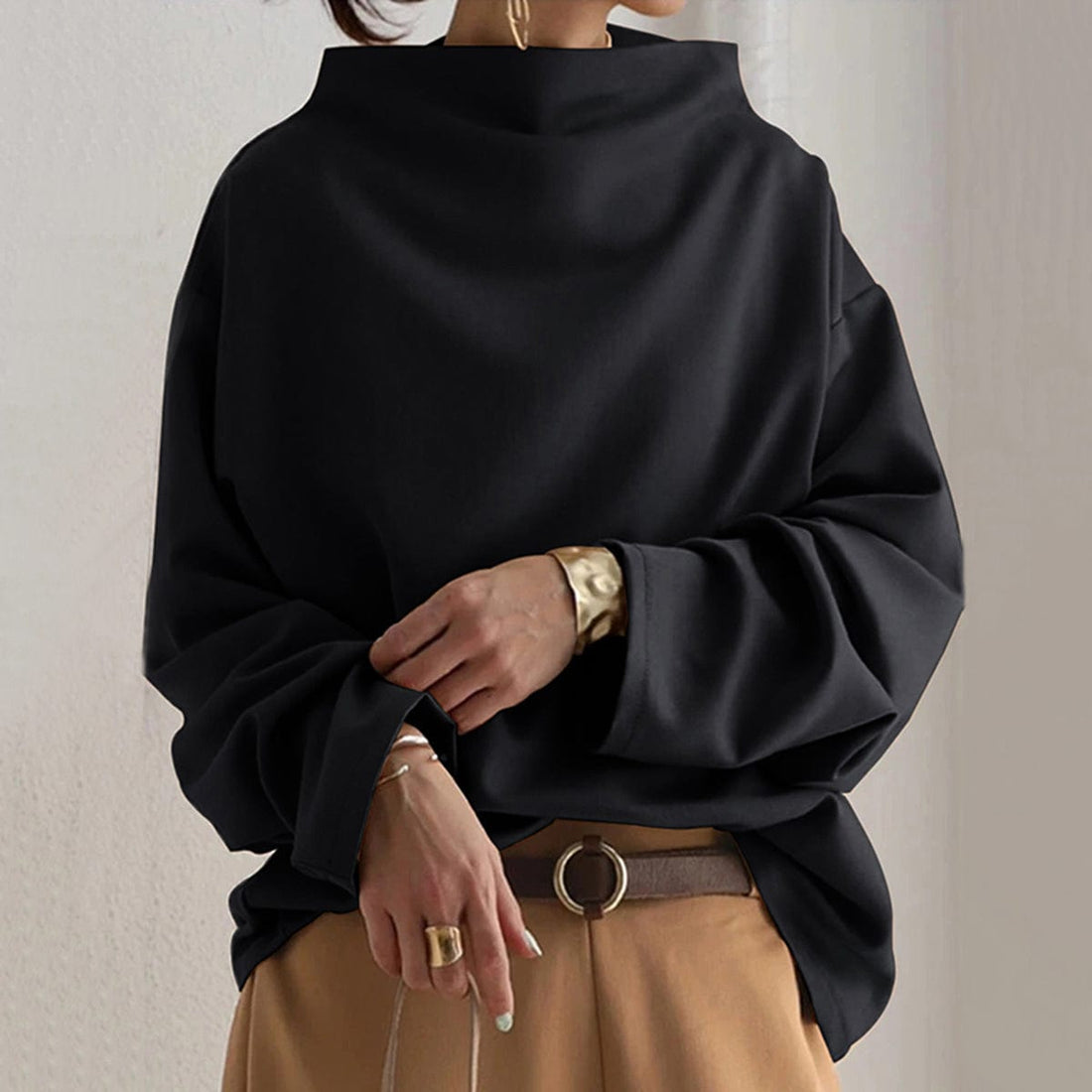 Relaxed Fit High-Neck Dropped Shoulder Knit Top