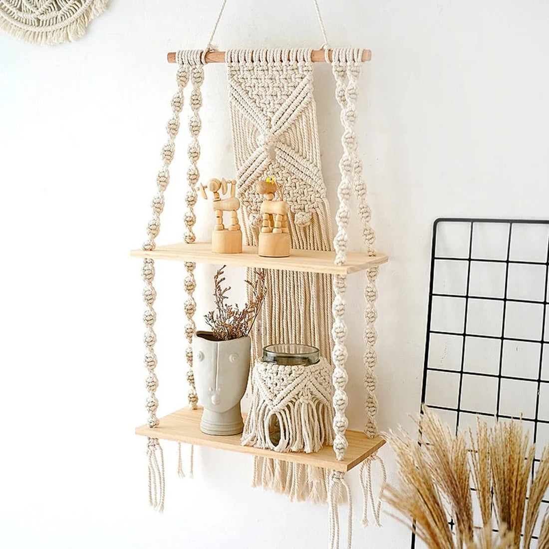 Cotton Macrame Wood Hanging Wall Shelf