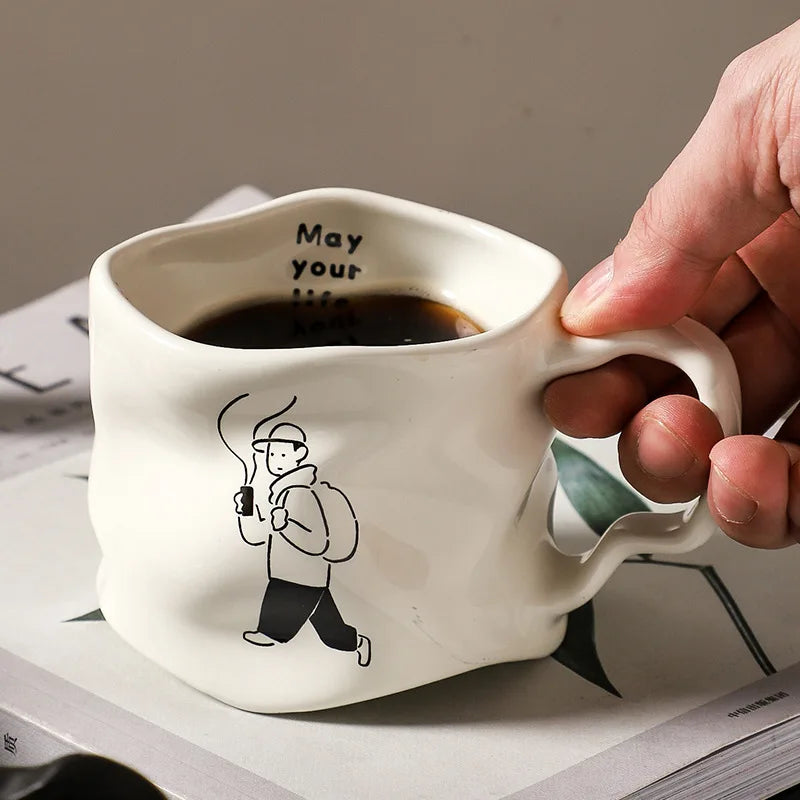Hand-Glazed Ceramic Crumpled Line-Art Mug