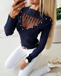 Women's Knit Sweater - Ribbed Knit - V-Neck with Lace and Pearl Details - Slim Fit