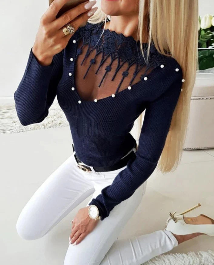 Women's Knit Sweater - Ribbed Knit - V-Neck with Lace and Pearl Details - Slim Fit