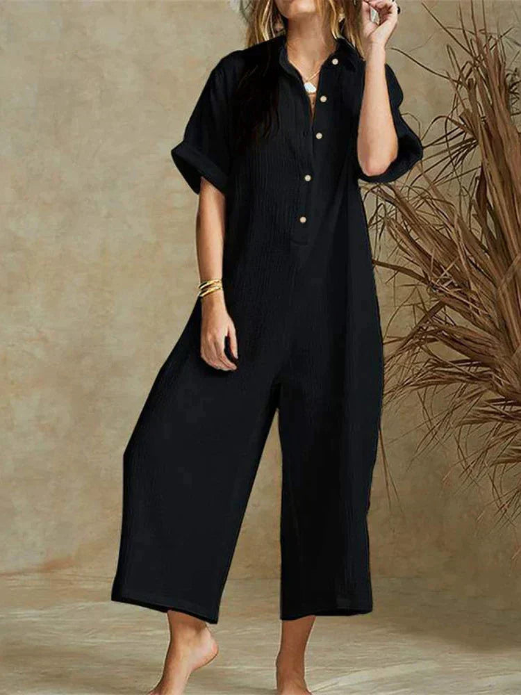 Relaxed Cotton Blend Cropped Wide Leg Jumpsuit