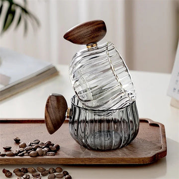 Ribbed Glass Wood Handle Coffee Mug