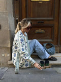 Women's Jacket - Embroidered Floral Pattern - Straight Cut - Round Neck - Long-Sleeved