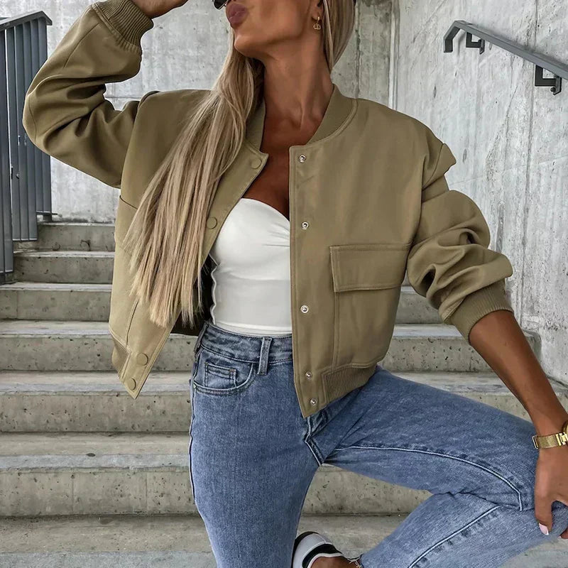 Cropped Relaxed Fit Ribbed Bomber Jacket