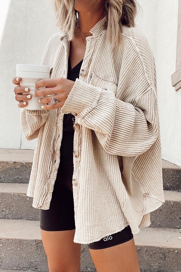 Waffle Knit Raw Edge Shirt Jacket