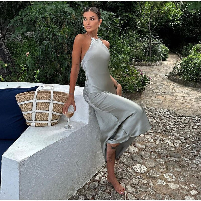 Dame Halterneck Satin Slipkjole - Midi Længde - Elegant Figursyet Festkjole