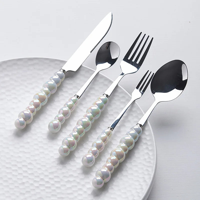 Stainless Steel Beaded Pearlescent Handle Flatware Set