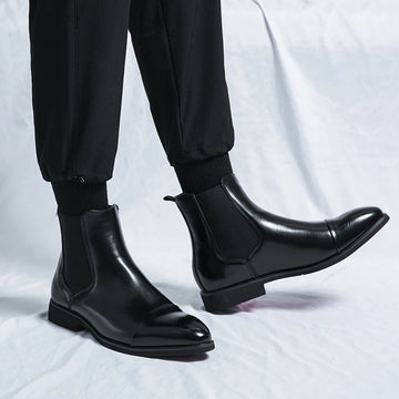 Men's Chelsea Boots – Leather – Slim Fit – Ankle Height – Cap Toe – Elastic Panels