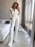 Women's Jumpsuit - Elegant Tailored Design - V-Neck - Long Sleeves - Wide-Leg Fit