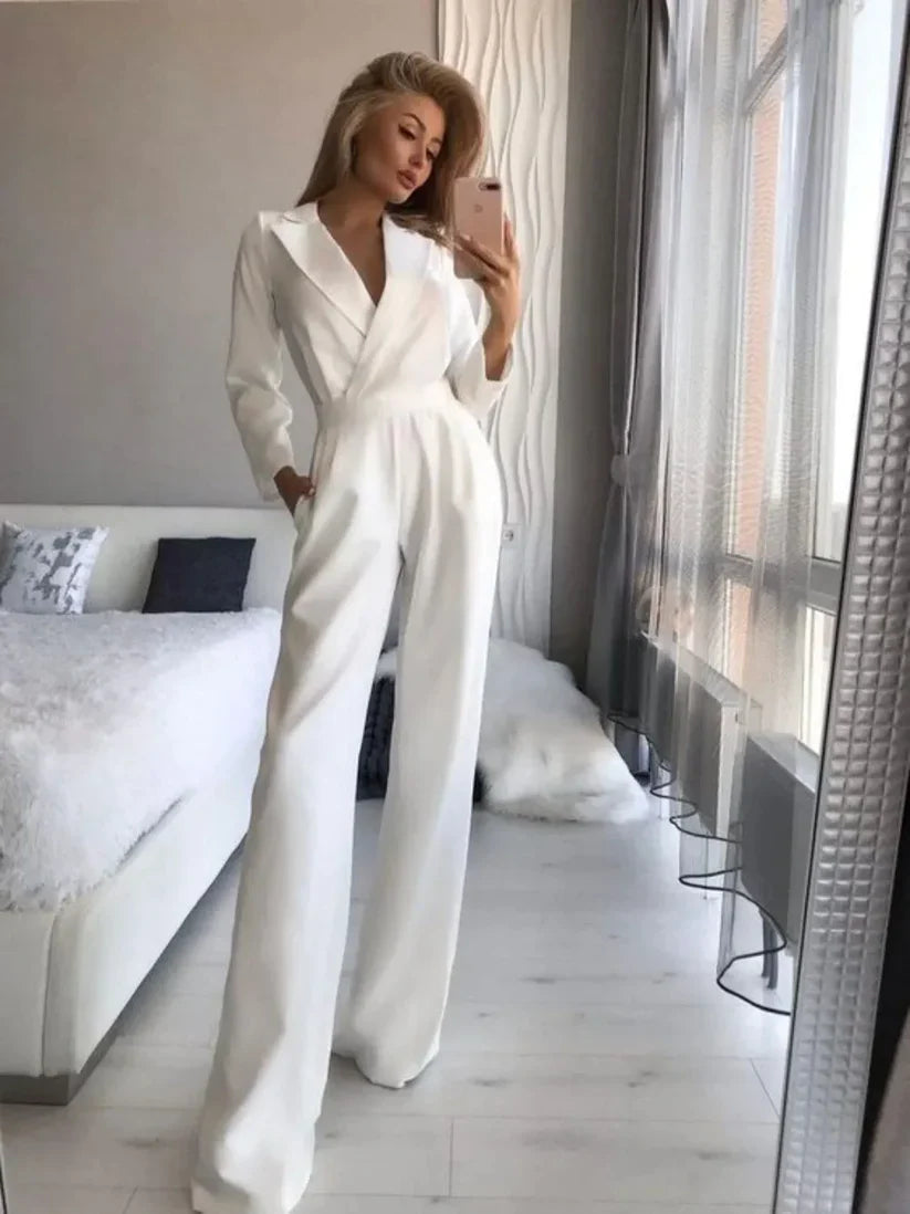 Women's Jumpsuit - Elegant Tailored Design - V-Neck - Long Sleeves - Wide-Leg Fit