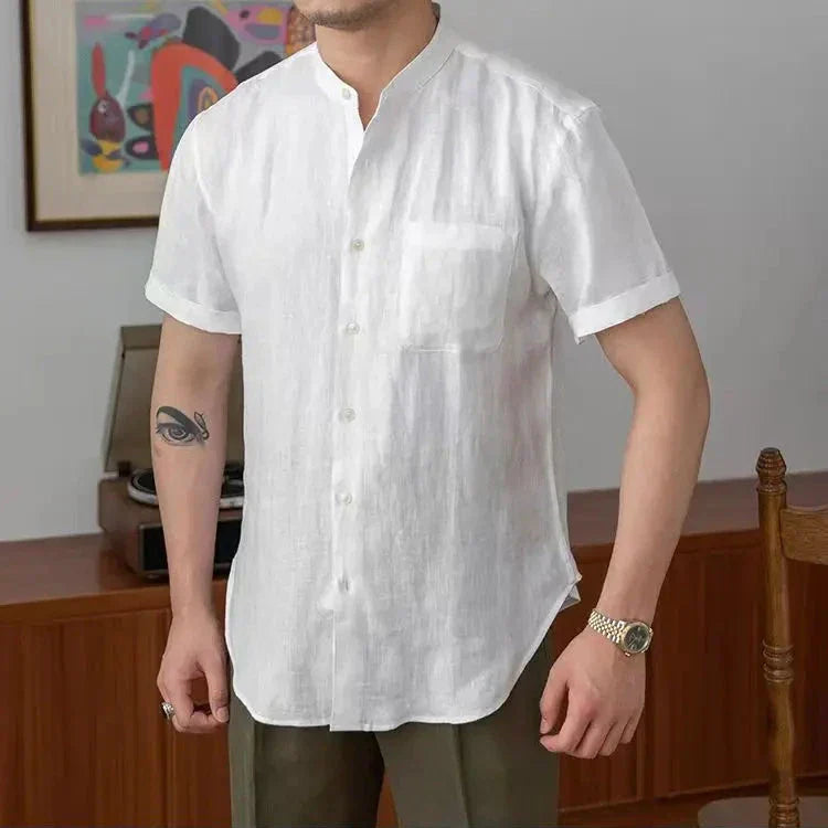 Men's Shirt – Linen – Relaxed Fit – Mandarin Collar – Long Sleeve Button Closure