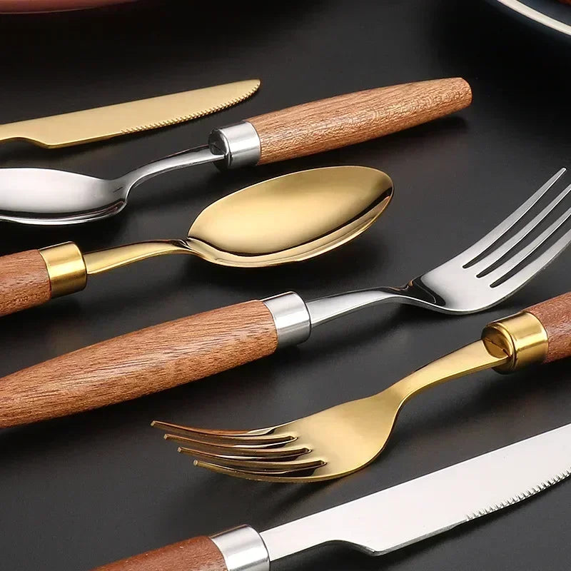 Tapered Wood Handle Brass Cutlery Set