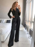 Women's Jumpsuit - Elegant Tailored Design - V-Neck - Long Sleeves - Wide-Leg Fit
