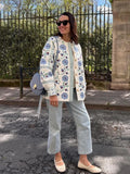 Women's Jacket - Embroidered Floral Pattern - Straight Cut - Round Neck - Long-Sleeved