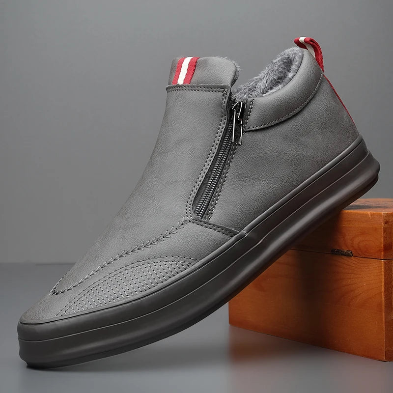 Men's Sneakers – Mid-High Silhouette – Leather Look – Zipper Closure – Comfort Sole